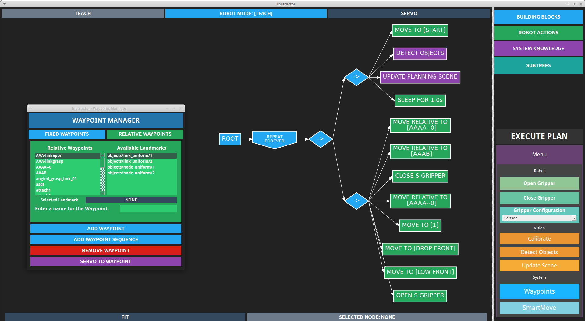 Tree for detecting, picking up, and placing node